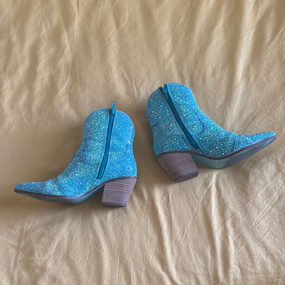 Betsey Johnson Diva Turquoise Rhinestone Crystal Glitter Ankle Cowboy Boots 6.5 - Picture 11 of 12